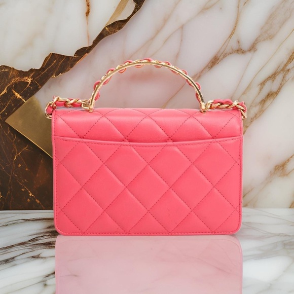 CHANEL Pink Lambskin Mini Flap Bag w/ Top Handle - Picture 8 of 15